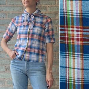Vintage Plaid Shirt 60s Neckerchief Blue White Tartan Button Up Tie Top XS